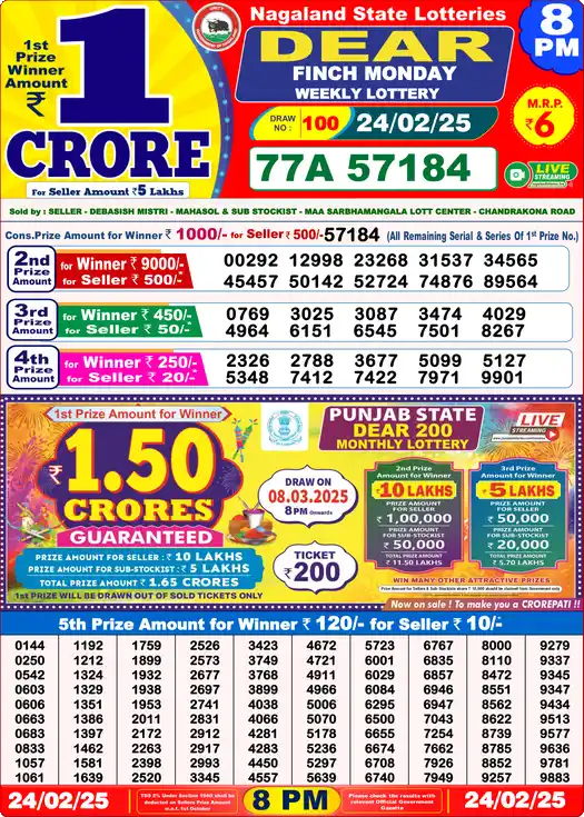 Lottery Sambad 8 PM result 24 Feb 2025