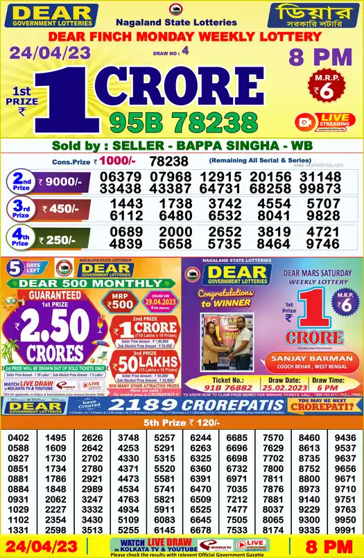 Lottery Sambad 8 PM result 24 Apr 2023