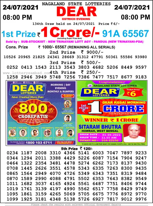 Lottery Sambad 8 PM result 24 Jul 2021
