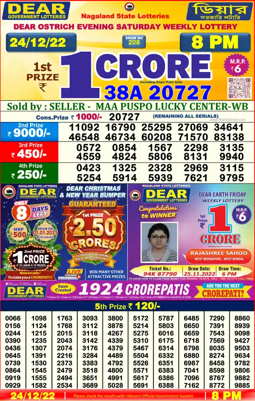 Lottery Sambad 8 PM result 24 Dec 2022