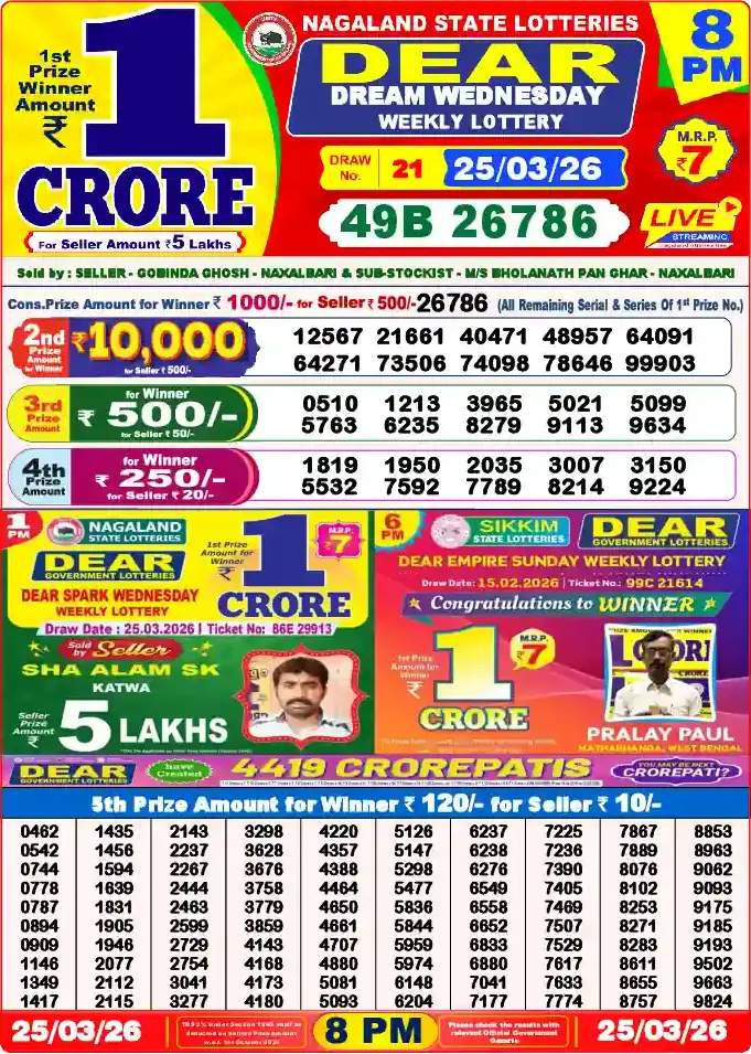 Lottery Sambad 8 PM result 25 Mar 2026