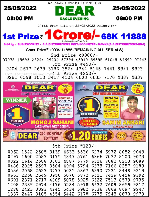Lottery Sambad 8 PM result 25 May 2022