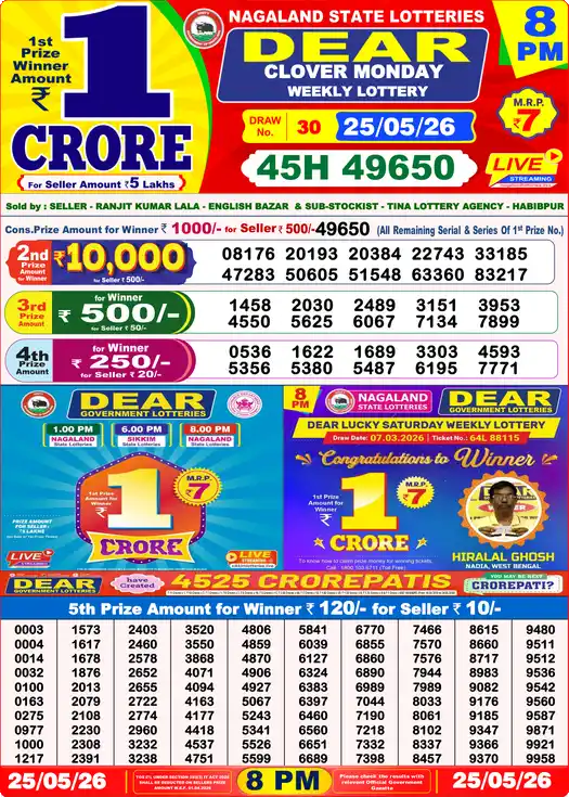 Lottery Sambad Today 8:00 PM Result 25 May 2026