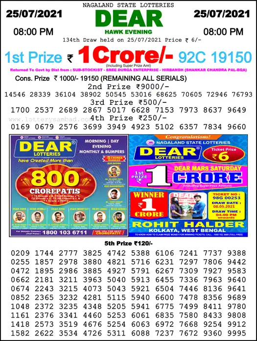 Lottery Sambad 8 PM result 25 Jul 2021