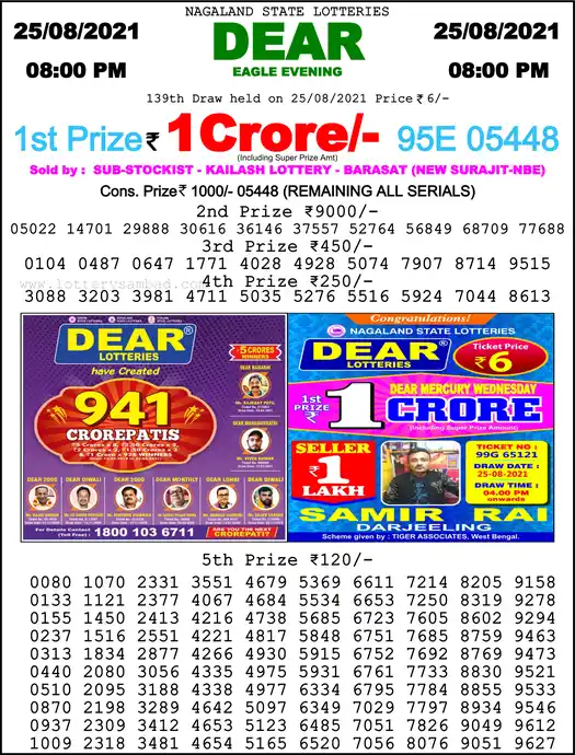 Lottery Sambad 8 PM result 25 Aug 2021