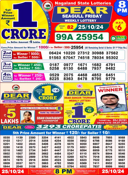 Lottery Sambad 8 PM result 25 Oct 2024
