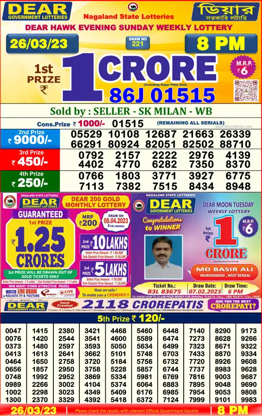 Lottery Sambad 8 PM result 26 Mar 2023