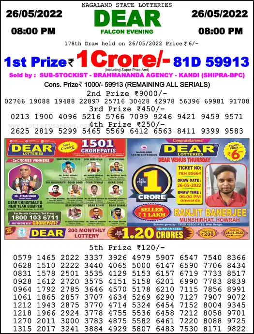 Lottery Sambad 8 PM result 26 May 2022
