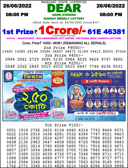 Lottery Sambad 8 PM result 26 Jun 2022