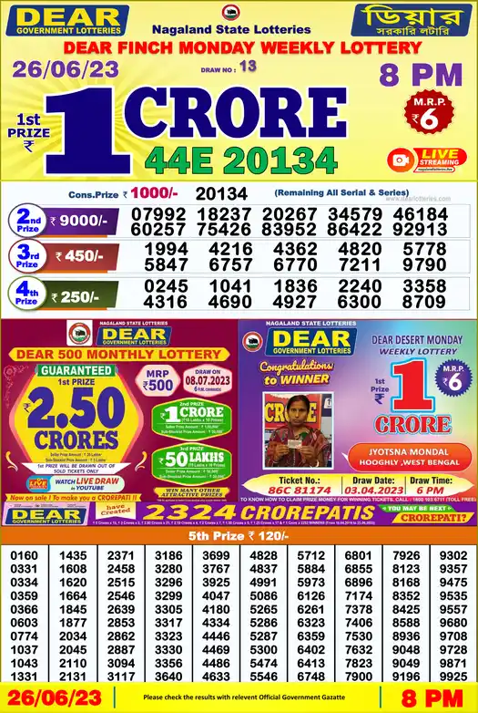 Lottery Sambad 8 PM result 26 Jun 2023