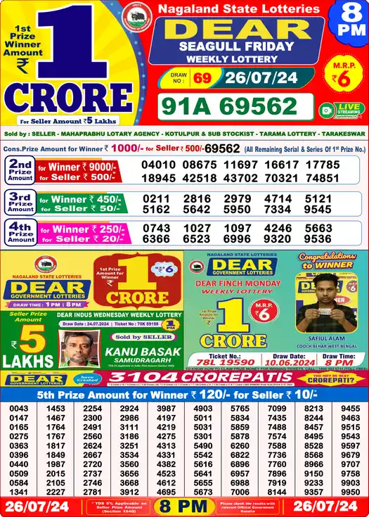 Lottery Sambad 8 PM result 26 Jul 2024