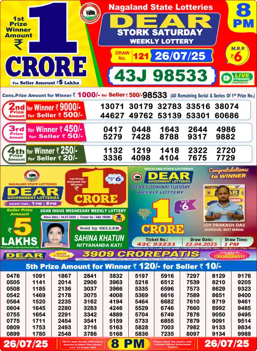 Lottery Sambad 8 PM result 26 Jul 2025