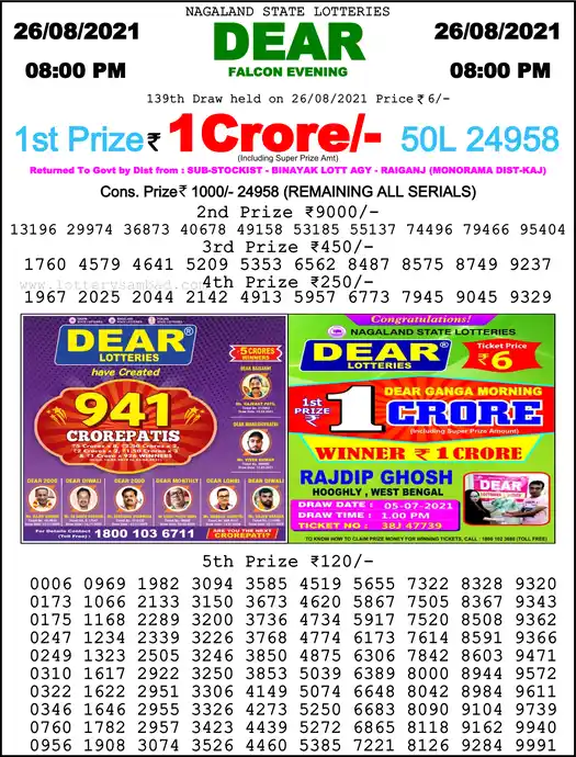Lottery Sambad 8 PM result 26 Aug 2021