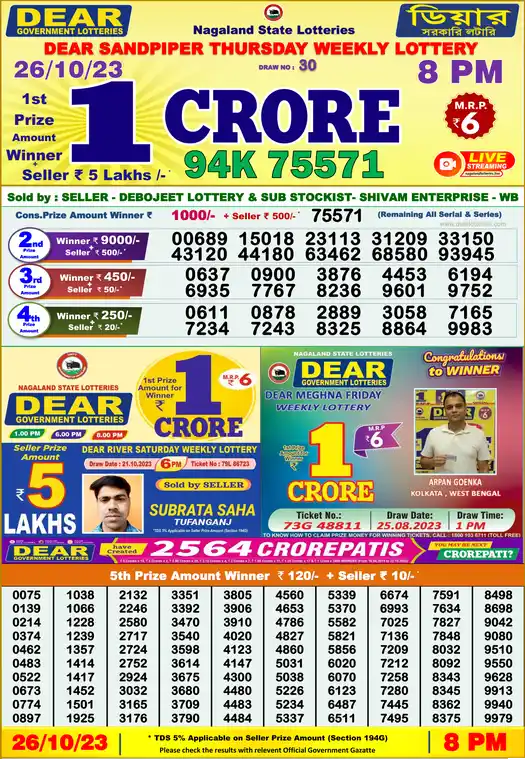 Lottery Sambad 8 PM result 26 Oct 2023