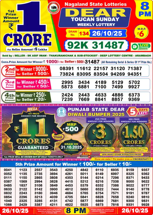 Lottery Sambad 8 PM result 26 Oct 2025