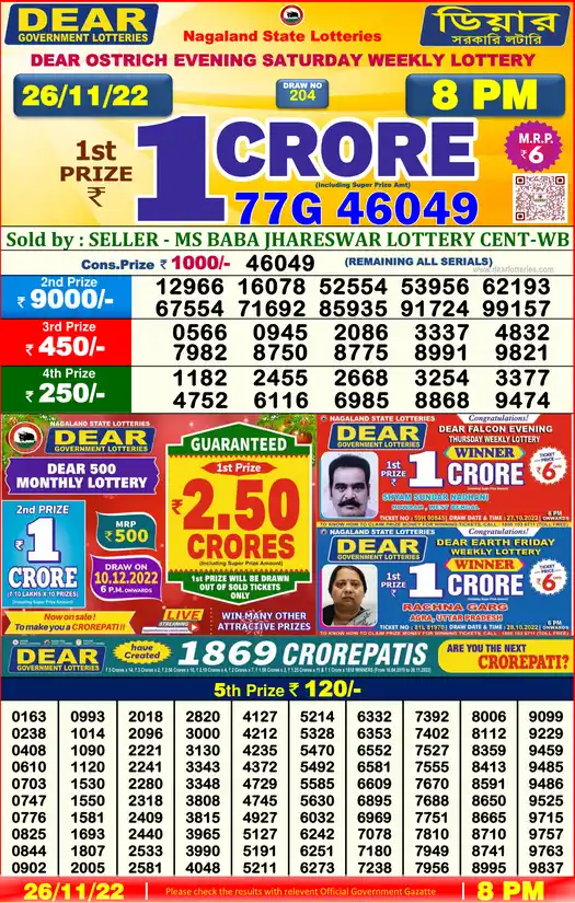 Lottery Sambad 8 PM result 26 Nov 2022