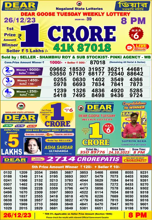 Lottery Sambad 8 PM result 26 Dec 2023
