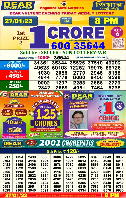 Lottery Sambad 8 PM result 27 Jan 2023