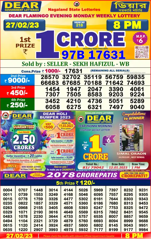 Lottery Sambad 8 PM result 27 Feb 2023