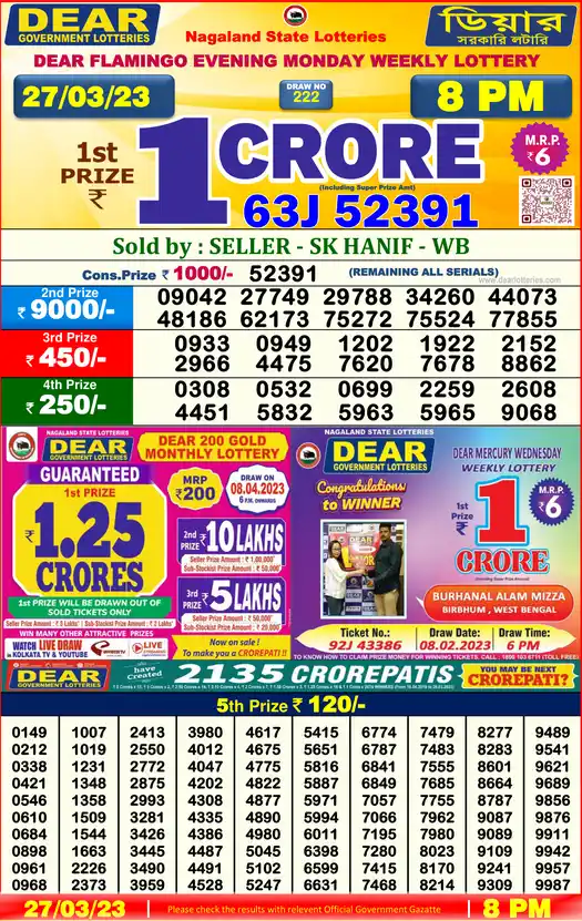Lottery Sambad 8 PM result 27 Mar 2023