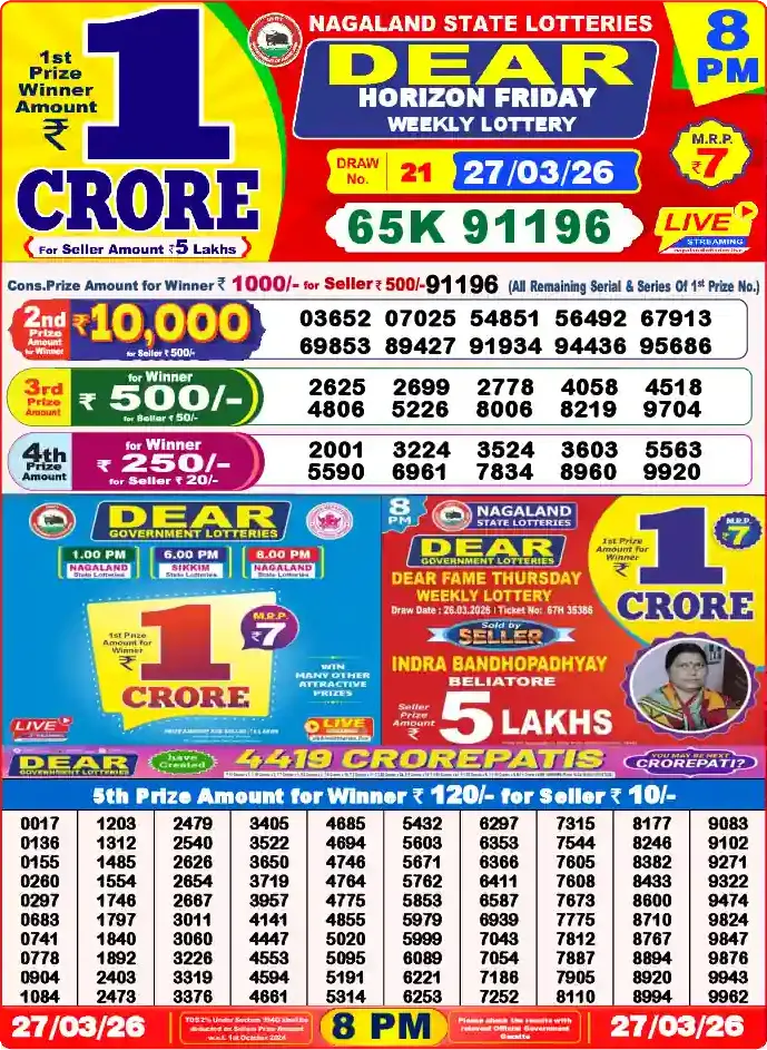Lottery Sambad 8 PM result 27 Mar 2026