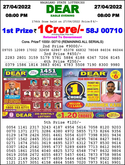 Lottery Sambad 8 PM result 27 Apr 2022