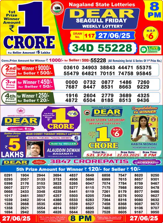 Lottery Sambad 8 PM result 27 Jun 2025