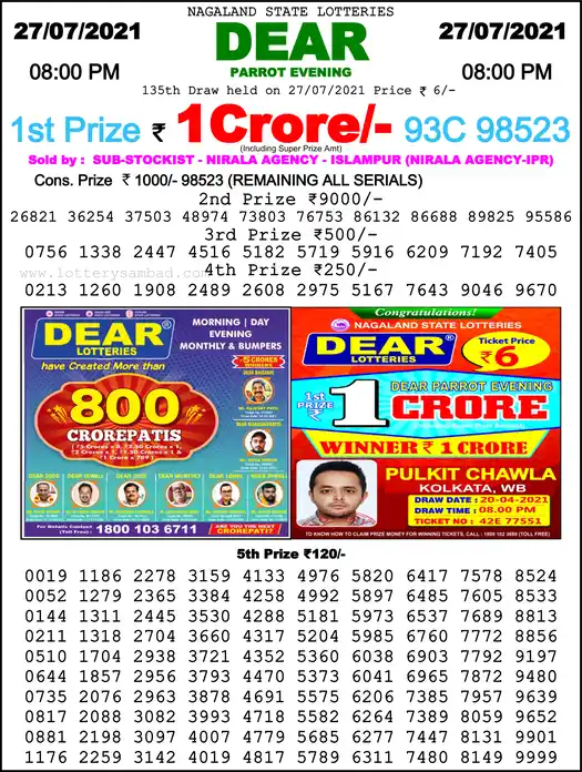 Lottery Sambad 8 PM result 27 Jul 2021