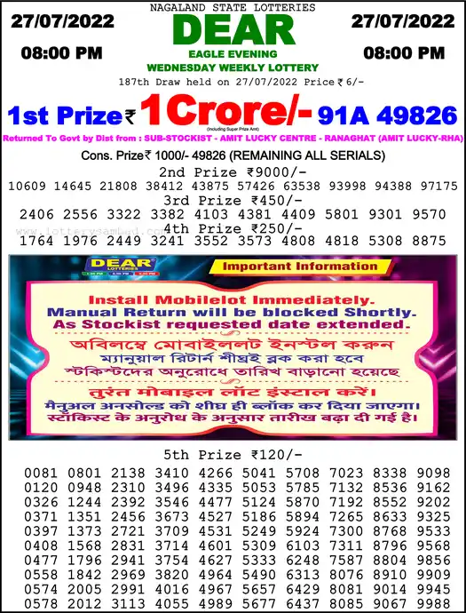 Lottery Sambad 8 PM result 27 Jul 2022