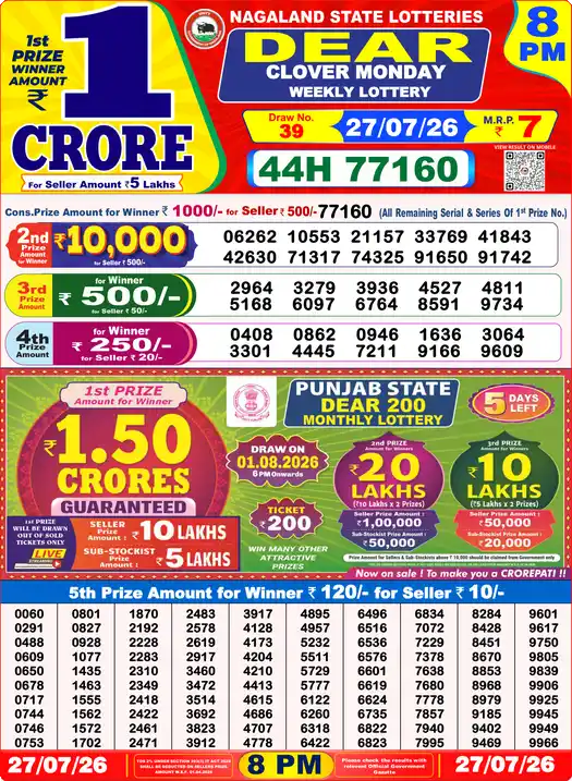 Lottery Sambad Yesterday 8:00 PM Result 27 July 2026
