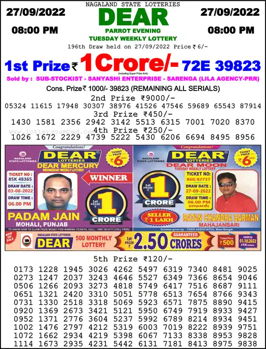 Lottery Sambad 8 PM result 27 Sep 2022
