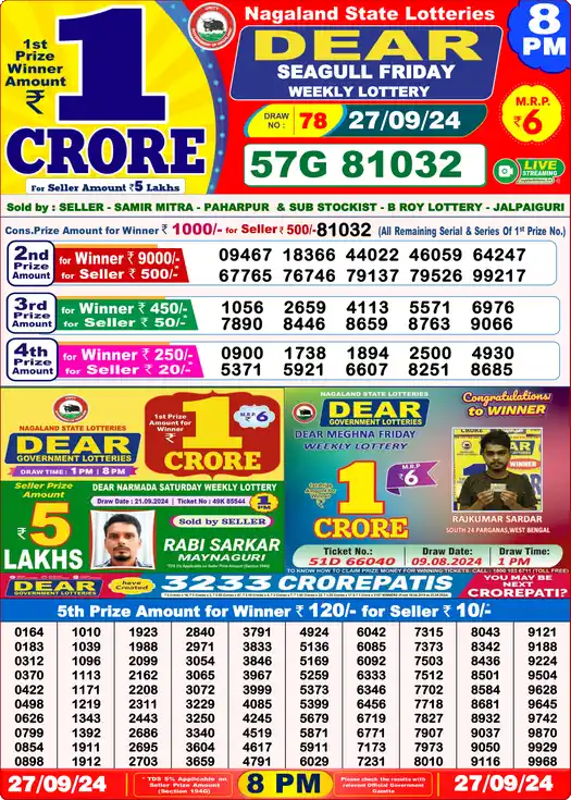 Lottery Sambad 8 PM result 27 Sep 2024
