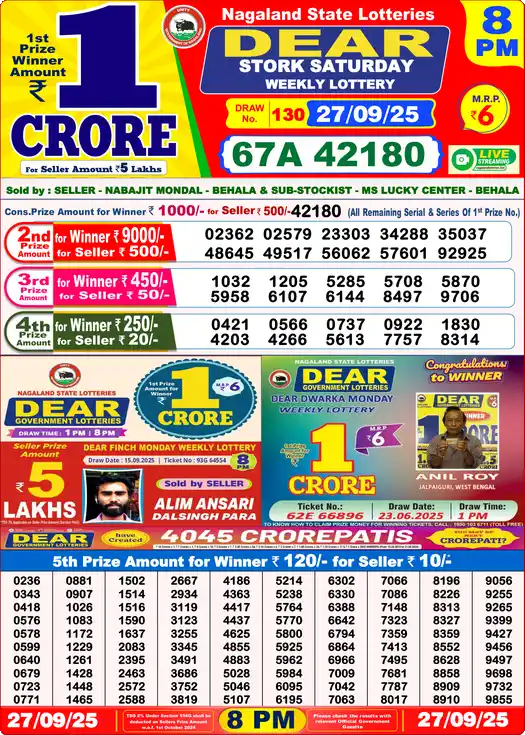Lottery Sambad 8 PM result 27 Sep 2025