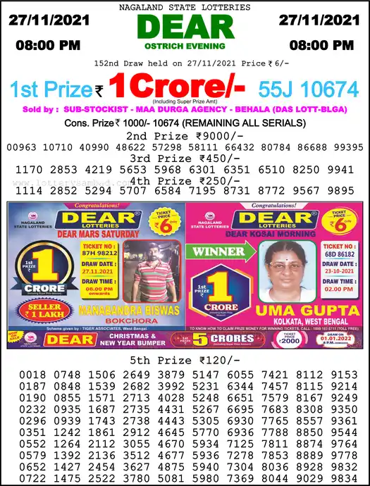 Lottery Sambad 8 PM result 27 Nov 2021