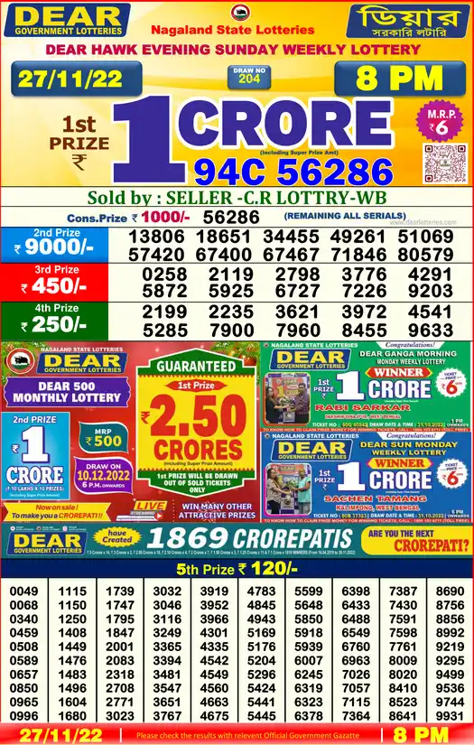 Lottery Sambad 8 PM result 27 Nov 2022