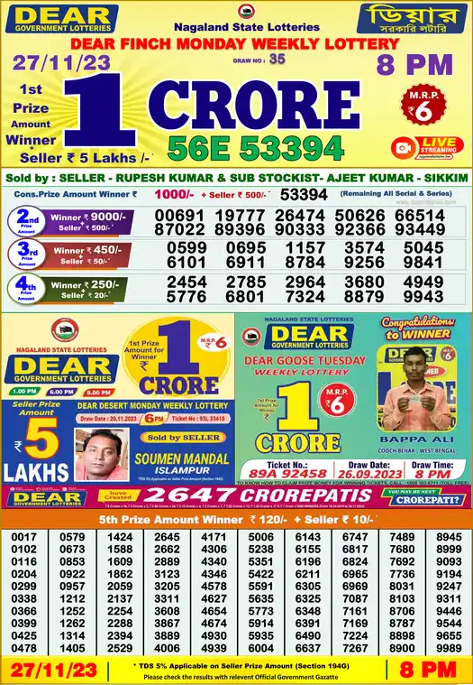 Lottery Sambad 8 PM result 27 Nov 2023