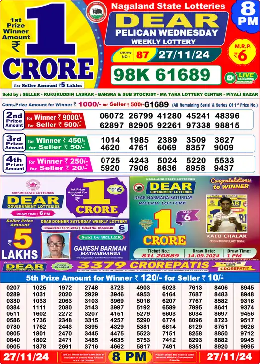 Lottery Sambad 8 PM result 27 Nov 2024