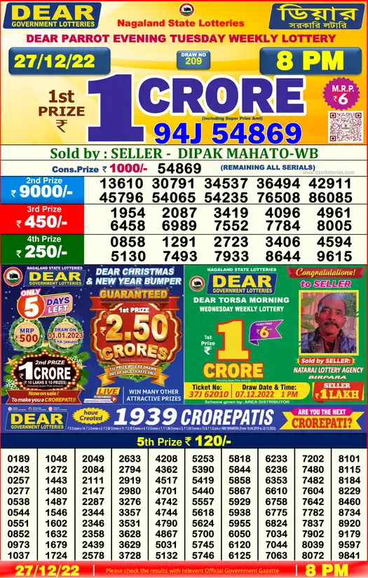 Lottery Sambad 8 PM result 27 Dec 2022