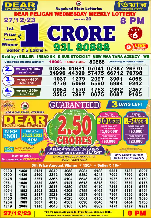 Lottery Sambad 8 PM result 27 Dec 2023