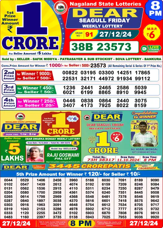 Lottery Sambad 8 PM result 27 Dec 2024