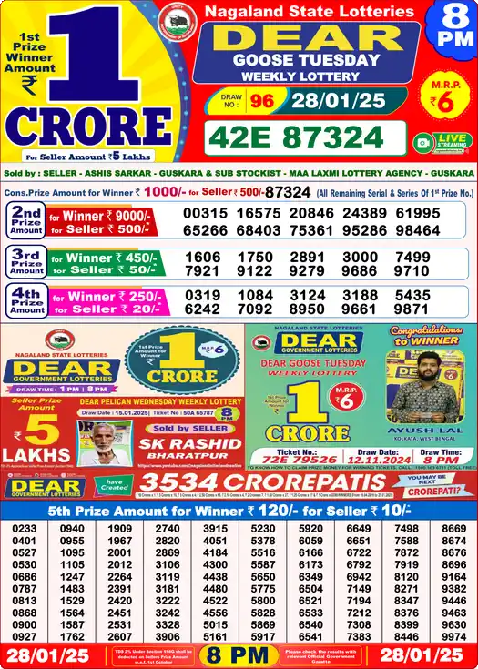 Lottery Sambad 8 PM result 28 Jan 2025