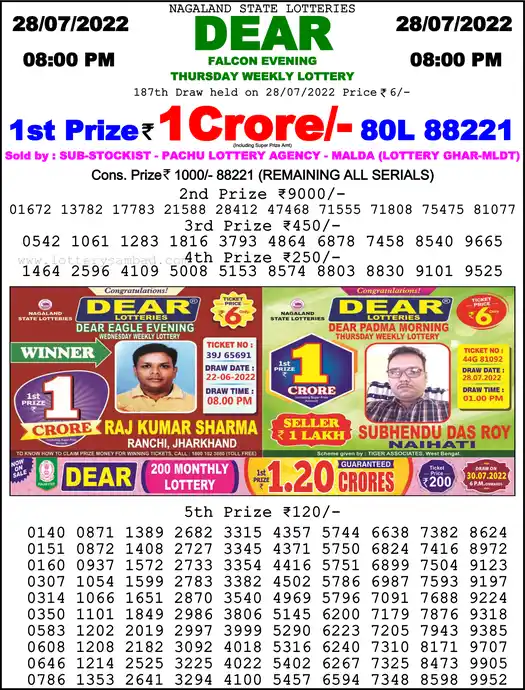 Lottery Sambad 8 PM result 28 Jul 2022