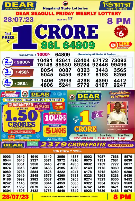 Lottery Sambad 8 PM result 28 Jul 2023