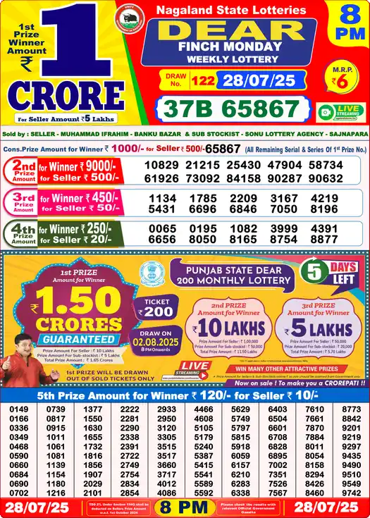 Lottery Sambad 8 PM result 28 Jul 2025