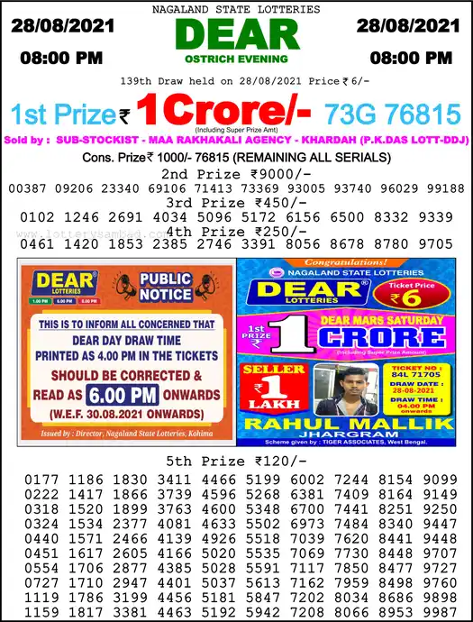 Lottery Sambad 8 PM result 28 Aug 2021