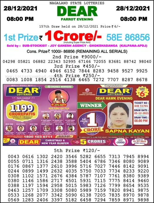 Lottery Sambad 8 PM result 28 Dec 2021