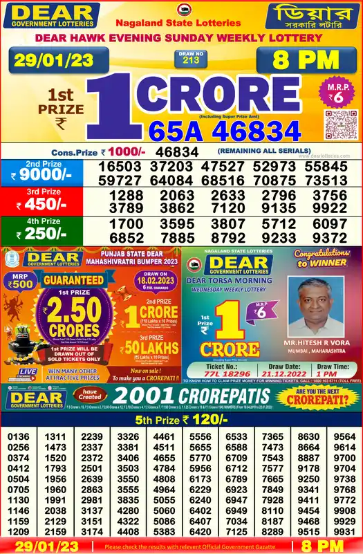 Lottery Sambad 8 PM result 29 Jan 2023