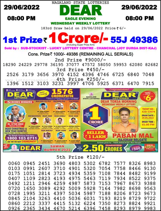Lottery Sambad 8 PM result 29 Jun 2022