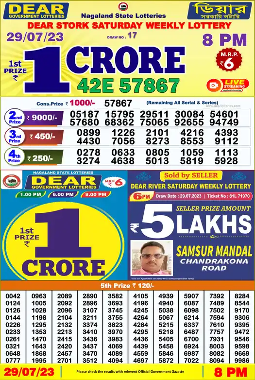 Lottery Sambad 8 PM result 29 Jul 2023