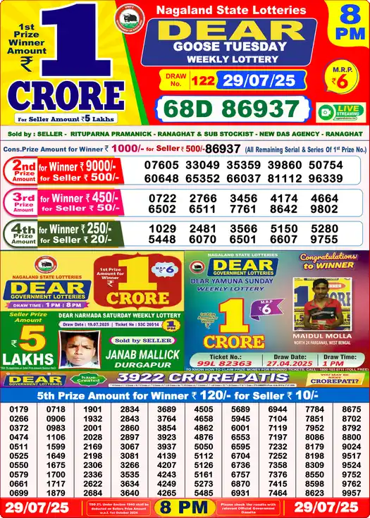 Lottery Sambad 8 PM result 29 Jul 2025